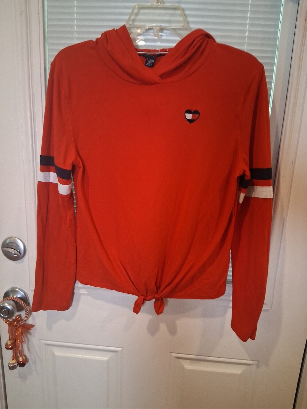 Sku34 Tommy Hilfiger Red Hooded Tie-Front Top with Navy Trim Kids Xl 16 Fall